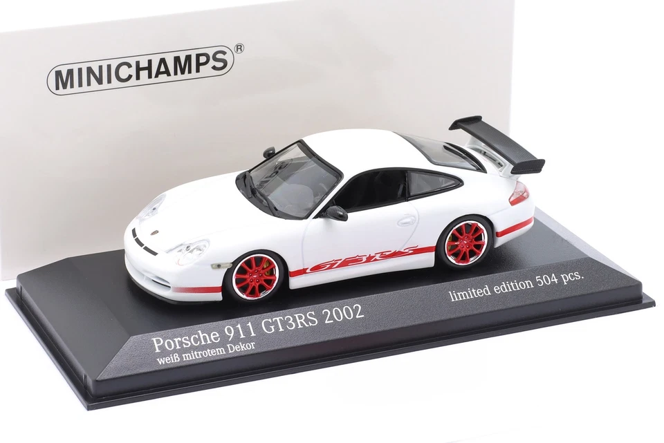 Porsche 911 (996) GT3 RS Baujahr 2002 wei� / rote Felgen 1:43 Minichamps - Bild 1 von 1