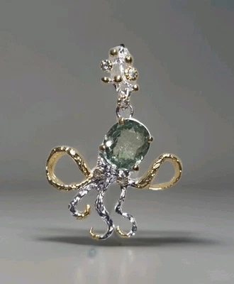 Natural Tourmaline Octopus 925 Sterling Silver Gold Pendant Jewelry 2082 - Image 1 of 4