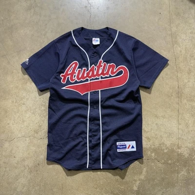 Camiseta de béisbol vintage majestuosa de Austin para hombre pequeña azul marino roja malla hecha en EE. UU. AÑOS 90 Foto 1 de 4