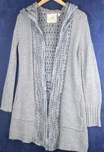 Angel Of The North Sz S. Grey Knitted Crocheted Open Front Cardigan Hooded Long - Picture 1 of 10