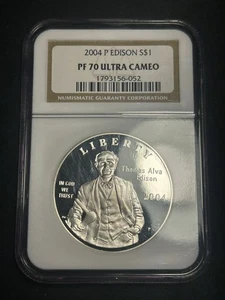 2004-P US $1 Silver Proof Coin Thomas Edison NGC PF70 Ultra Cameo ASW: ~0.77oz - Picture 1 of 2