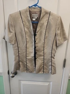 Adrianna Papell Vintage Damen Gr. 10 Seide Knopfleiste Hemd beige blau Streifen - Bild 1 von 7