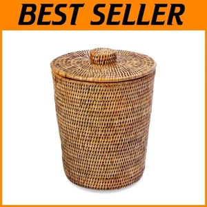 Handwoven Rattan Wastebasket with Lid - Coastal Style - Picture 1 of 11