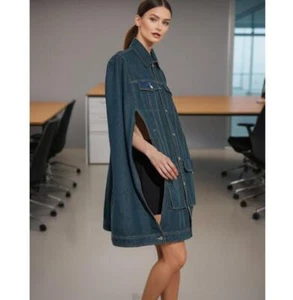 Women Fashion Turn Down Collar Cutout Multi Pockets Denim Cape Coat Overcoat 069 - Picture 1 of 8
