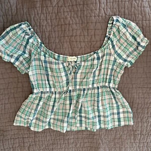 New Lucky Brand Top Womens XL Blue Plaid Pullover Short Sleeve Gauzy Babydoll - Picture 1 of 2