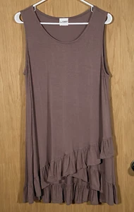b-Sharp Tank Dress Asymmetrical Ruffle Hem Taupe FairyGrunge Lagenlook Sz Lg - Picture 1 of 8