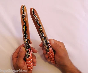 ABORIGINAL TAPPING CLAP STICKS HANDCARVED DOT-PAINTED WOOD DIDGERIDOO PERCUSSION - Picture 1 of 2