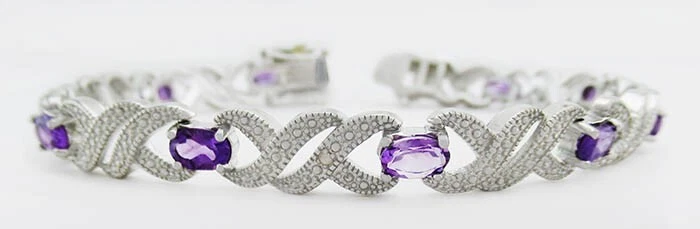 PULSERA DE AMATISTA Y DIAMANTES GENUINA DE 7,18 quilates chapada en oro blanco de 14 k - nueva con etiquetas Foto 1 de 3