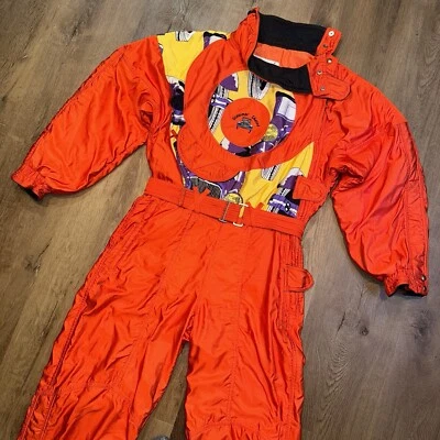 Traje de esquí vintage años 80 traje de nieve de una pieza babero de nieve Chervo retro naranja para mujer grande Foto 1 de 4