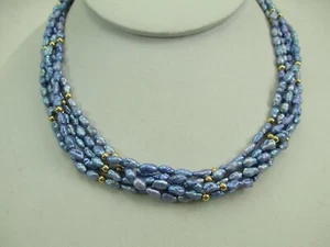 14K Gold Bead Pearl Necklace 17.5" Multi-Strand Blue Freshwater Pearls 626E - Picture 1 of 12