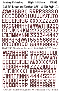 RAF Numbers and Letters 24" transfers decals WWII & 1946- FP985 DULL RED 1/72 - Picture 1 of 3