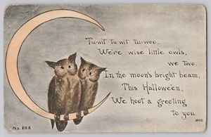 Postkarte Halloween Paar Eulen mit Mondsichel gedruckt in Dansville New York um 1922 - Bild 1 von 2