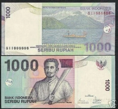 Indonesia 1000 RUPIAH P-141 2005-2006 Rare SOLID Serial # 666666 Indonesian UNC - Image 1 of 3