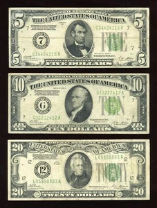 Set of 1928 $20 $10 and $5 Federal Reserve Note Green Seal REDEEMABLE IN GOLD - Picture 1 of 2