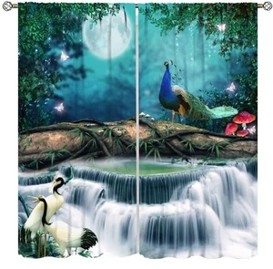Natur Wald Vorhänge, Wald Nachtland Wasserfall Mond Pfau 3D Druck... - Bild 1 von 8