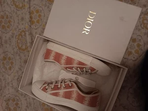 Size 7.5/38 Dior Walk'N'Dior Embroidered D Stripes Cotton Sneakers Deep Nude W - Picture 1 of 6