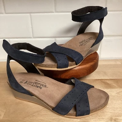 Sandalias de tacón de cuña Naot EU 35 US 4 Wanda azul marino correa al tobillo corcho metálico plateado Foto 1 de 4