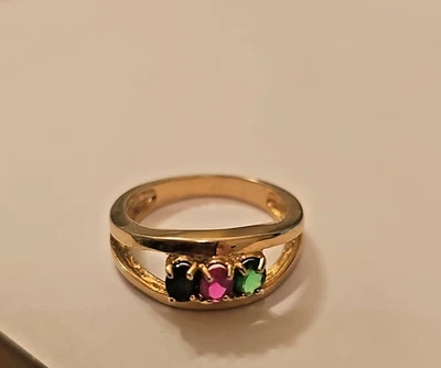 Vintage Gold Plated Birthstone Sapphire, Ruby and Emerald Ring Size 6.5'' - Image 1 of 4