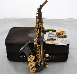 Professional TaiShan Black Nickel Curved Soprano Saxophone Gold Key High F# Sax  - Picture 1 of 8