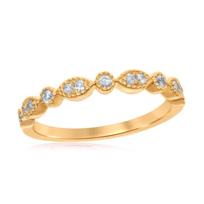 Anillo de oro amarillo de 14 quilates para mujer redondo diamante milgrain banda apilable 1/6 Cttw Foto 1 de 2