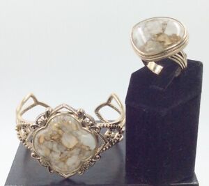 White Calcite Cuff Bracelet & Ring Size 9.5, Bronze by Barse Thailand, New