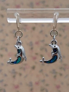 Beautiful Silver Tone & Abalone Shell Detailed Dolphin Drop Earrings - Picture 1 of 6