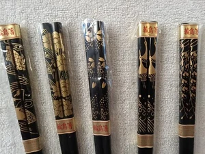 Japanese Wood Lacquer Chopsticks Set of 5 Each Pair Different Design 8 3/4 In Lo - Picture 1 of 7