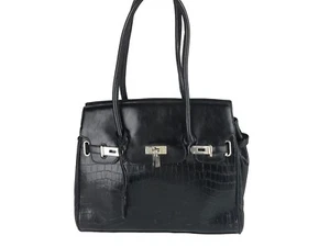 Schultertasche Damen schwarz silber Leder Innentaschen Trennwände Doppelgriffe - Bild 1 von 8