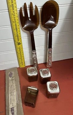 Vtg hostess six piece salad server set never used 1950's fork spoon shakers MCM - Image 1 of 4