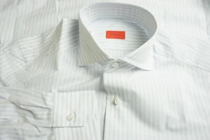 Isaia Napoli 100% Cotton White Light Blue Striped Dress Shirt 38 15 BRAND NEW - Photo 1 sur 7
