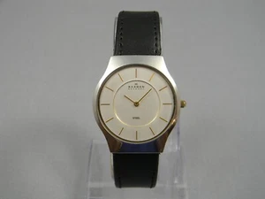 Skagen Steel Watch Men 34mm Silver Sleek Thin Case New Leather Band & Battery - Picture 1 of 16