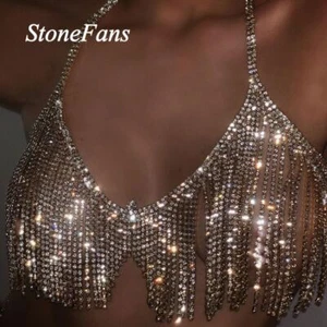 Rhinestone Tassel Bra Harness-Sexy Body Chain Rhinestone Crystal Lingerie Bikini - Picture 1 of 14