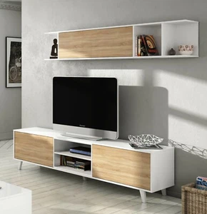 Mueble salón comedor, modulo TV + estante Blanco Brillo y Roble Canadian, Zaiken - Imagen 1 de 4