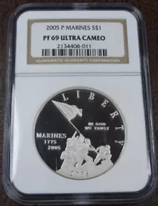 2005-P Marines Proof Silver Dollar NGC PF 69 Cameo US Mint $1 Commemorative - Picture 1 of 2