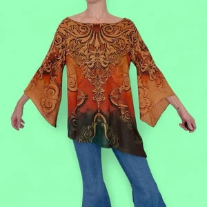 Vintage Y2K DressBarn Brown Flare Sleeve Bohemian Abstract Shirt - Bild 1 von 8