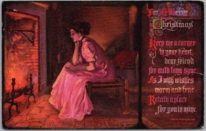 1910 MERRY CHRISTMAS Postcard Pretty Lady / Hearth Fireplace - Artist LOU MAYER - Picture 1 of 2