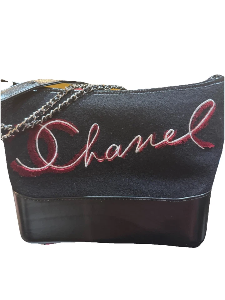 Chanel Calfskin Wool Embroidered Paris Hamburg Small Gabrielle Hobo Black - Image 1 of 4