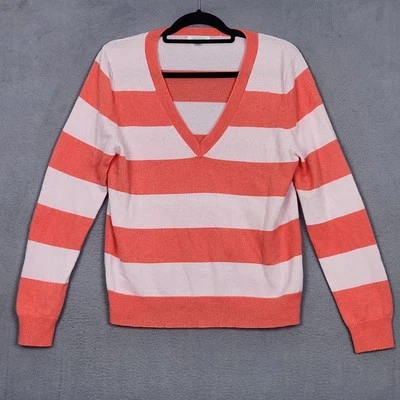 GARNET HILL Sweater Womens Large White Orange Lightweight Cashmere V-Neck  - Image 1 of 4