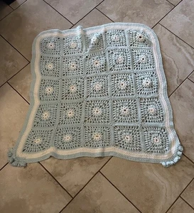 ADORABLE Hand Made Small Granny Square Baby Blanket Afghan Blue/White 36"x36" - Picture 1 of 3