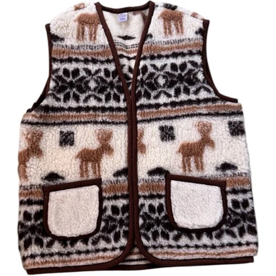 Eluna Women XXXXL Fleece Vest Elk Fair Isle Pockets Brown White 100% Wool - Image 1 of 4