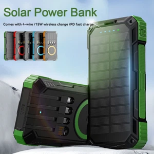 Solar Power Bank Wireless Charger iOS Type-C USB 4 Cables For iPhone Android New - Picture 1 of 27