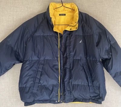 VTG Nautica Reversible Down Puffer Jacket XL Navy & Yellow Sailing Logo 1990s - Image 1 of 4