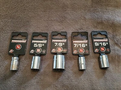 Powerbuilt 3/8" Drive Socket Lot ~ 3/8 Bit Coupler- 5/8"-7/8"-7/16"-9/16" Socket - Image 1 of 4