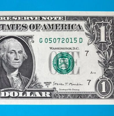 May 7, 2015 / 5 July 2015 : G 05072015 D BIRTHDAY Note $1 One Dollar Bill *UNC* - Image 1 of 4