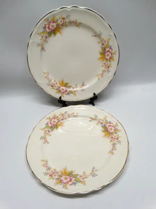 2 Vtg Edwin Knowles China Semi Vitreous Dinner Plates Pink Floral Wheat Design - Picture 1 of 5