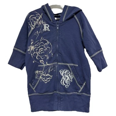 Ralph Lauren Sweatshirt Girls Youth M 8 10 Blue Zip Front Hooded Floral Stretch - Image 1 of 4