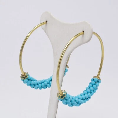 ORECCHINI CERCHIO IN ARGENTO 925 DORATO PASTA DI TURCHESE PALLINI    AGHT 0636 D - Immagine 1 di 3