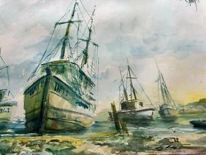 Hand painted watercolor painting Boats on the Sea landscape 27x20 - Picture 1 of 3