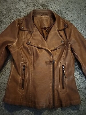 Max Studio 夹克女式小号摩托棕色骆驼人造皮革短摩托车 — 第 1/4 张图片