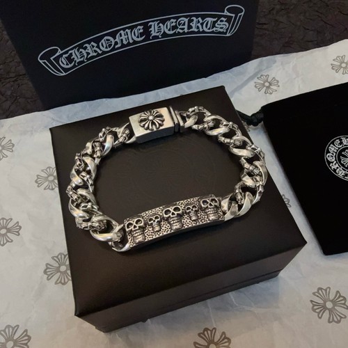 CHROME HEARTS Bracciale uomo croce cuori cromati teschio vintage S925 argento catena cubana 22 cm